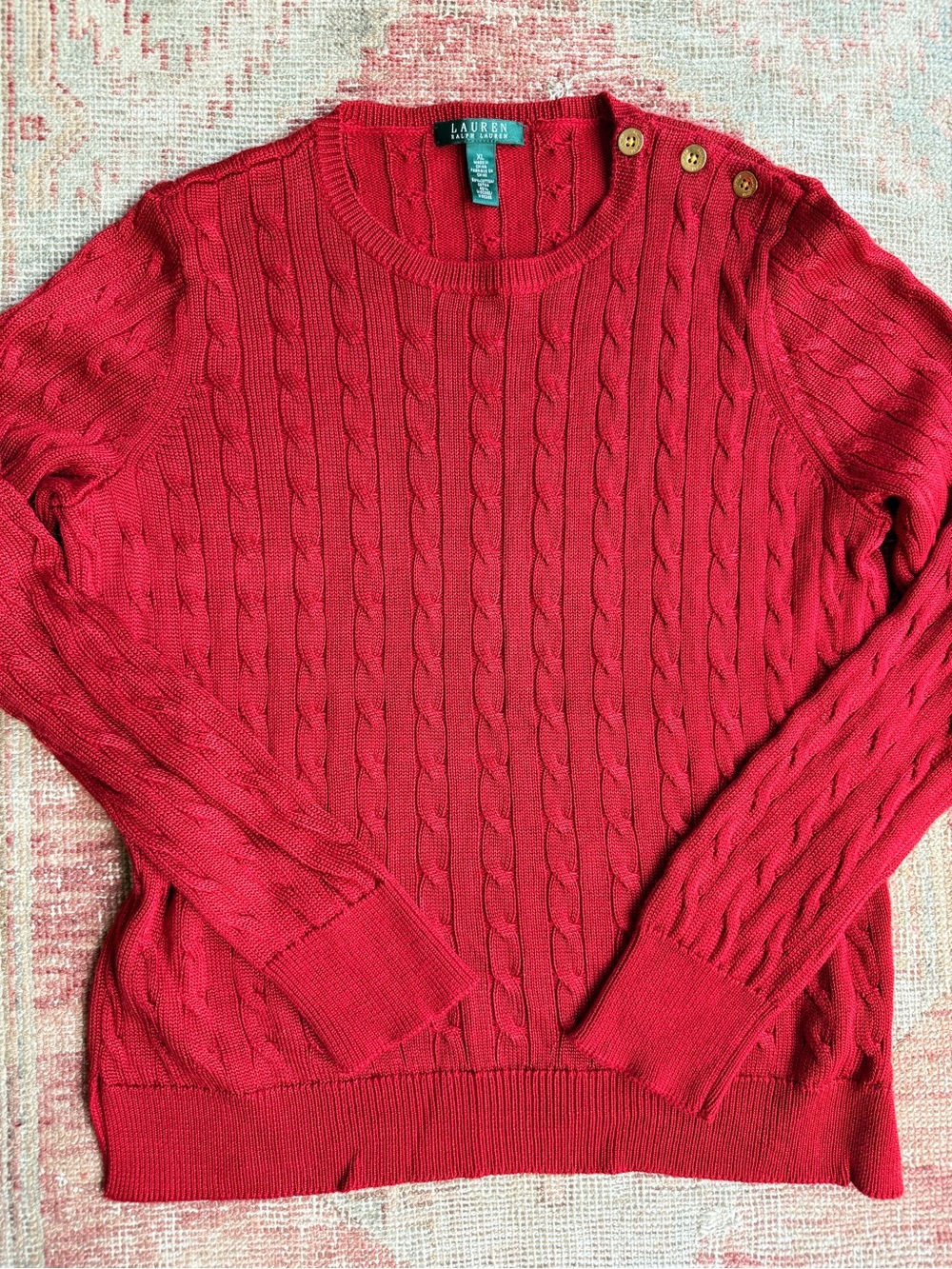 Lauren Ralph Lauren Red Cable-Knit Crewneck Sweater with Gold Buttons
